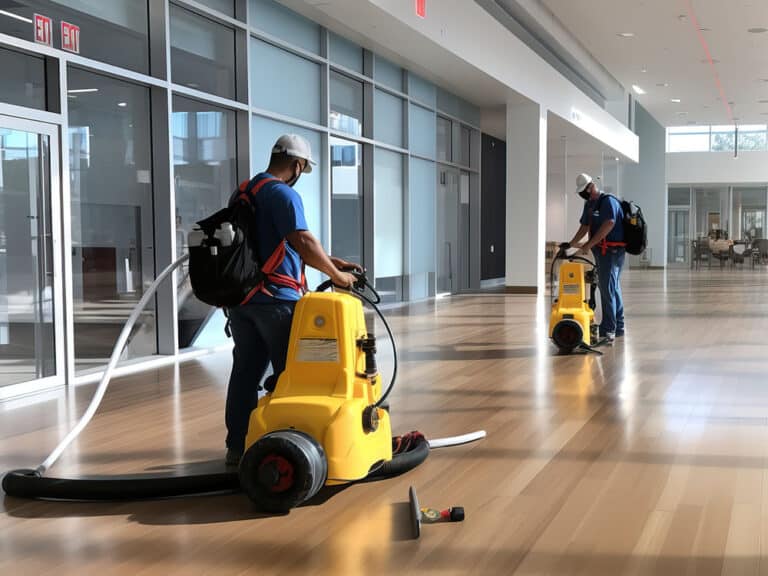 Two men with equipment to clean a public building